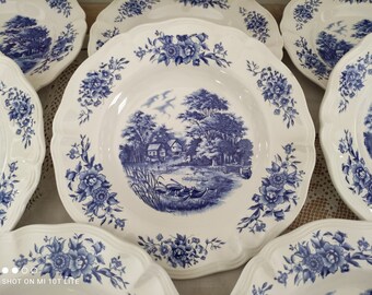 Lot de 11 assiettes creuses Sarreguemines modèle Romantic bleu