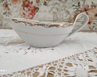 Saucière en porcelaine blanche EVOR FRANCE frise croisillons dorés