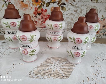 Lot de 5 grands pots à épices vintage en faïence blanche décor floral rose et vert