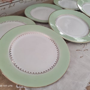 Set of 6 L'Amandinoise flat plates with water green marli and gold frieze image 3