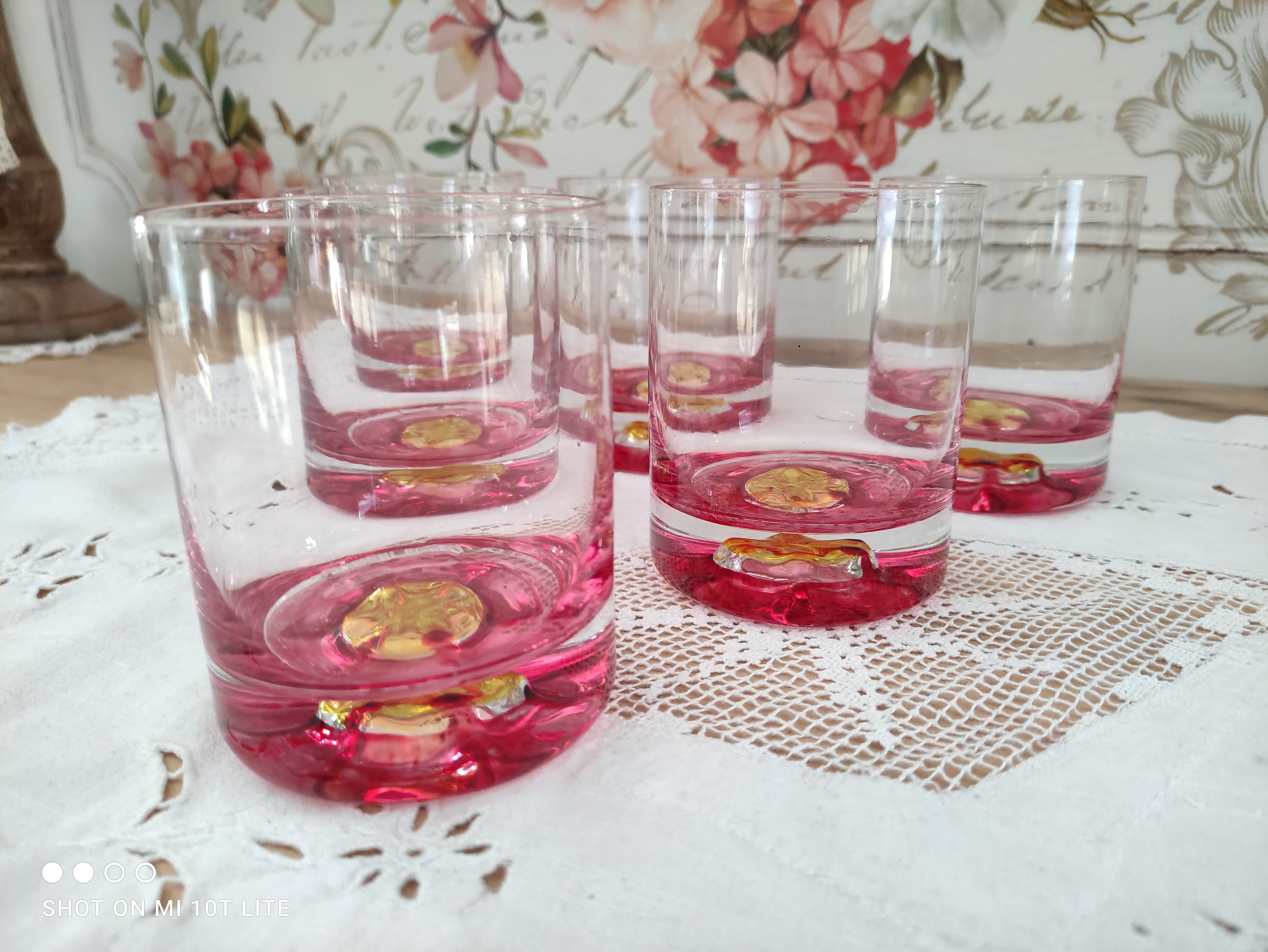 Lot de 6 Verres à Whisky Vintage Fond Épais en Verre Rouge Rosé Pastille Jaune