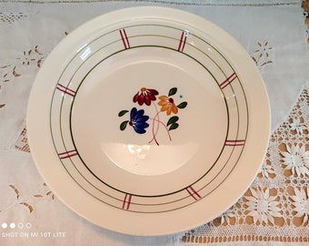 May include: A white ceramic plate with a green and red rim. The plate has a floral design with red, blue, yellow, and green flowers.
