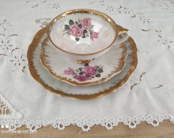 Solitaire en porcelaine Bavaria décor rose ancienne irisée et dorure brossée Trio tasse, sous-tasse et assiette à dessert
