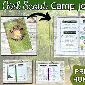 Op de afbeelding: Een printbaar Girl Scout Camp Journal met een groene omslag met de woorden "Camp Adventure". Het dagboek bevat pagina's voor de Girl Scout belofte en wet, Daisy Flower Laws en andere activiteiten.