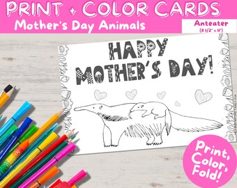 Cute Printable Mother's Day Card from Kids with Anteater and Baby (Instant Download Kids Mother's Day Coloring Activity)