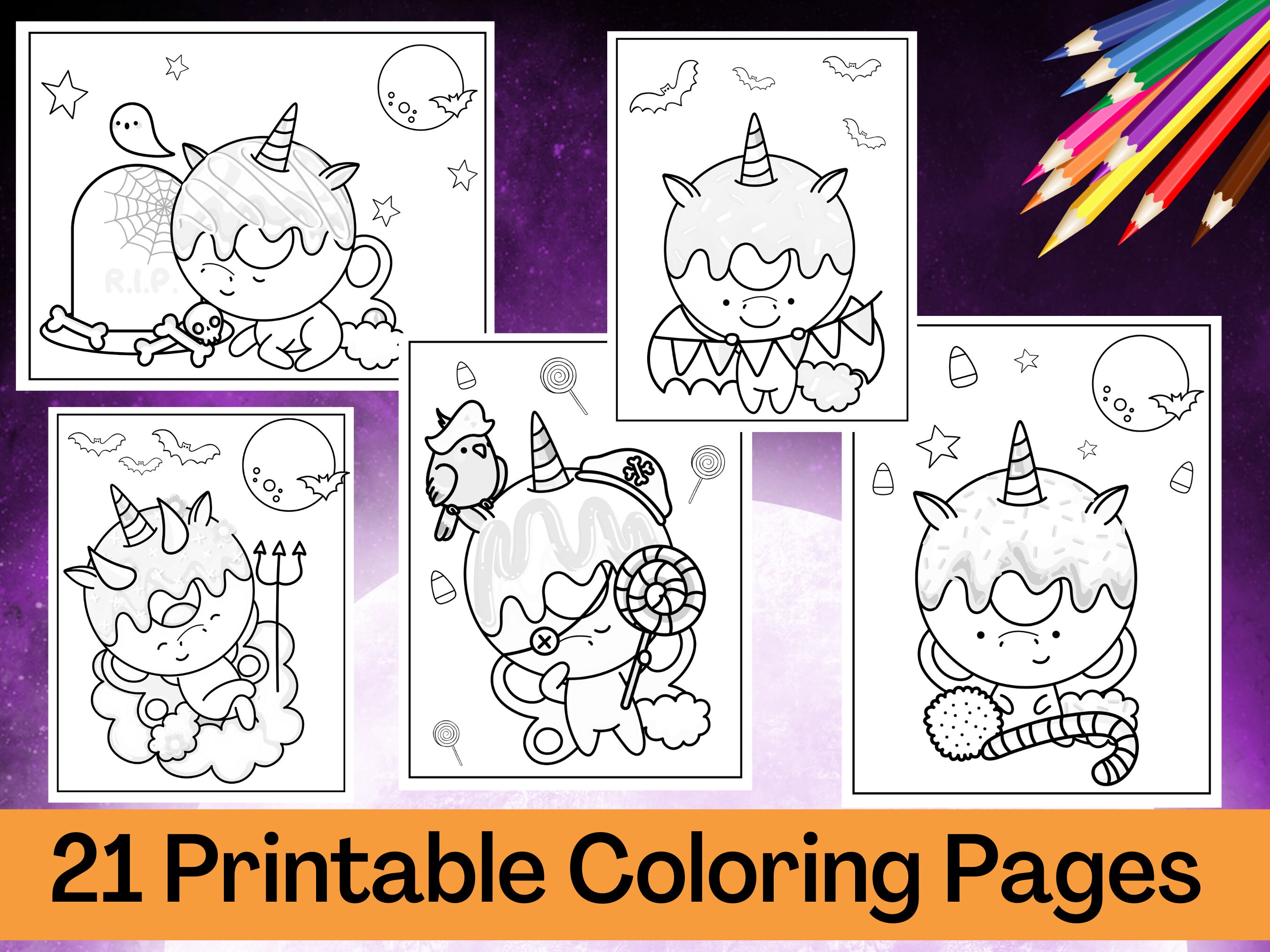 Halloween Unicorn Doughnut Coloring Pages and More for Kids Etsy