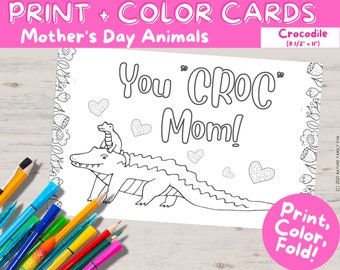 Cute Printable Mother's Day Card from Kids with Crocodile and Baby (Instant Download Kids Mother's Day Coloring Activity)