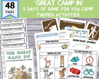 48 Page "Great Camp IN" 5 Day Activity Packet [Printable PDF with camping activities, camp themed counting and learning games]