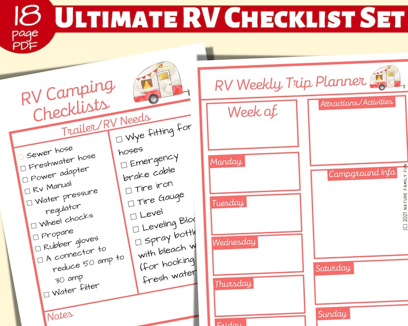 May include: A printable checklist set for RV camping, featuring a pink and white color scheme. The checklist includes items like sewer hose, freshwater hose, power adapter, and tire gauge. The second page is a weekly trip planner with sections for attractions, activities, and campground info.