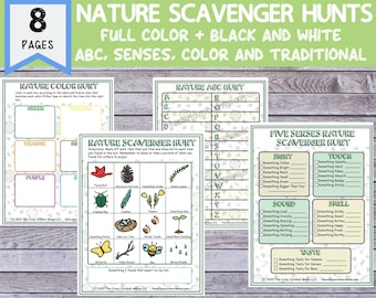 Nature Scavenger Hunts (ABC, Senses, Color and Traditional) [Printable PDFs in Color + B/W] for nature school, backyard explorintg