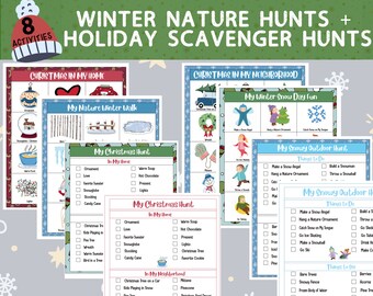 Cute Winter Nature Scavenger Hunts (Visual + List) and Christmas Scavenger Hunts (Visual + List) Printable PDFs