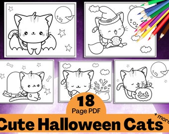 Cute Halloween Cat Coloring Pages for Kids, 18 Printable Designs (PDF)