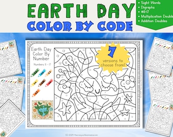 7 Earth Day Color By Number + Sight Words Printables (Sight Words, Multiplication Doubles, Addition Doubles, Digraphs Worksheets)
