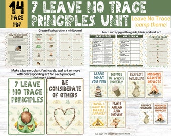 May include: A printable set of 14 pages with illustrations and text about the 7 Leave No Trace principles. The illustrations are in a cartoon style and feature a camping theme. The text includes the title "Leave No Trace Principles Unit" and the phrase "Leave No Trace (camp theme)".