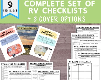 Complete Printable Set of 9 RV Checklists with 3 cover options [camper kitchen checklist, pets camp checklist, camping food plan]