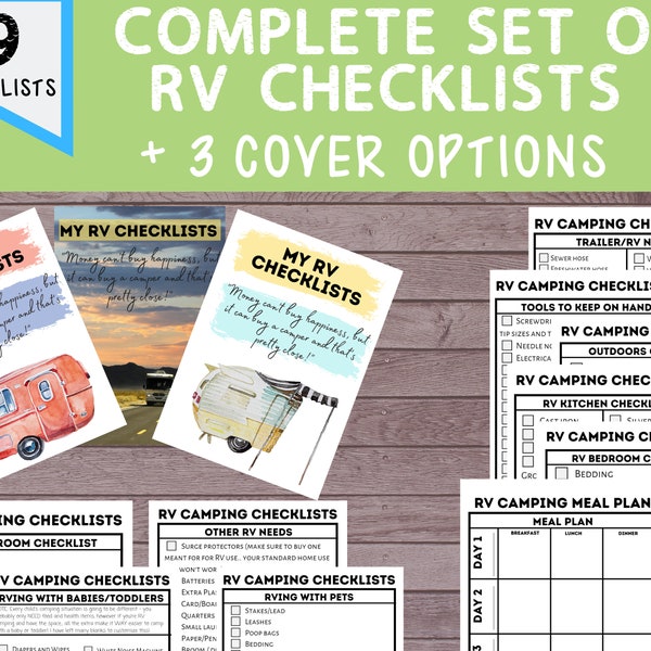 Complete Printable Set of 9 RV Checklists with 3 cover options [camper kitchen checklist, pets camp checklist, camping food plan]