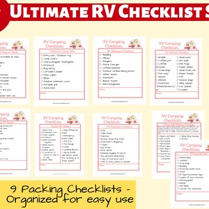 May include: A set of nine printable RV camping checklists, organized for easy use. The checklists cover topics such as tools to keep on hand, outdoor camp gear, RV bathroom essentials, RV kitchen essentials, other RV needs, RV bathroom needs, driving with babies, and packing with pets. The checklists are designed with a red and white RV illustration.