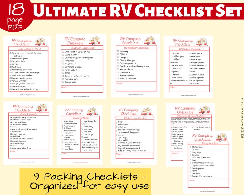 May include: A set of nine printable RV camping checklists, organized for easy use. The checklists cover topics such as tools to keep on hand, outdoor camp gear, RV bathroom essentials, RV kitchen essentials, other RV needs, RV bathroom needs, driving with babies, and packing with pets. The checklists are designed with a red and white RV illustration.