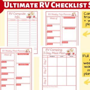 May include: An 18-page printable PDF checklist set for RV camping. The set includes a campsite tracker, weekly trip planner, weekly meal planner, and a 3-day meal plan. Each page features a cute cartoon illustration of a red and white RV.