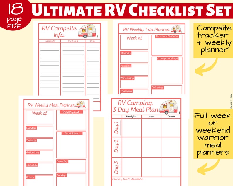 May include: An 18-page printable PDF checklist set for RV camping. The set includes a campsite tracker, weekly trip planner, weekly meal planner, and a 3-day meal plan. Each page features a cute cartoon illustration of a red and white RV.