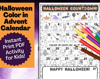 Halloween Advent Calendar Printable Coloring Activity for Kids - Perfect for Halloween Parties & Halloween Kids Activity