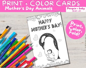 Cute Mother's Day Card from the Kids (Penguin & Baby) [Instant Download PDF Kids Mother's Day Coloring Activity]