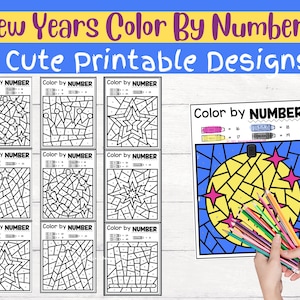 May include: Nine printable color by number designs featuring New Year's themes. Each design includes a black and white outline of a star, crown, or disco ball with a color key and numbers to guide coloring.