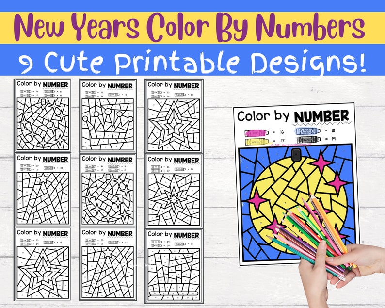 May include: Nine printable color by number designs featuring New Year's themes. Each design includes a black and white outline of a star, crown, or disco ball with a color key and numbers to guide coloring.
