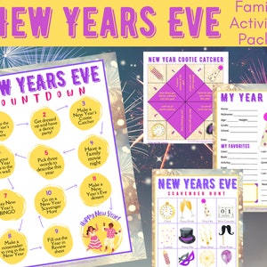 May include: A printable New Year's Eve activity pack with a countdown, scavenger hunt, cootie catcher, and year in review. The activities are designed for families and include games, crafts, and reflection.