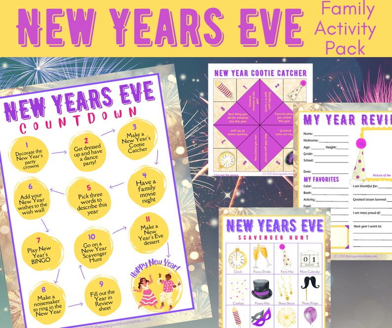 May include: A printable New Year's Eve activity pack with a countdown, scavenger hunt, cootie catcher, and year in review. The activities are designed for families and include games, crafts, and reflection.
