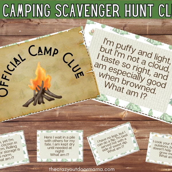 21 Camping Scavenger Hunt Riddles + Clues [Printable Camping Party Game, Camping Clues, Camping Riddles, Camping Birthday, Summer Camp Game]