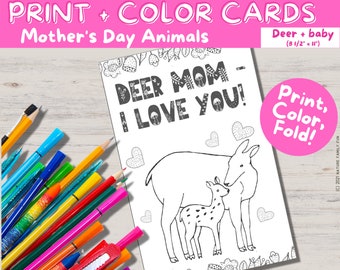 Cute Nature Mother's Day Card from the Kids "Deer Mom - I LOVE YOU!" [Instant Download PDF Kids Mother's Day Coloring Activity]