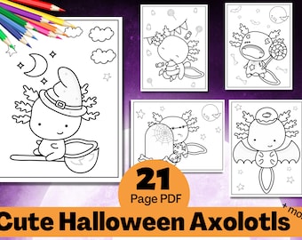 Cute Halloween Axolotl Coloring Pages, Spooky Costume Printables (PDF)
