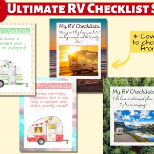 May include: A set of four printable RV checklists with different cover designs. Each cover features a watercolor illustration of an RV and a quote about RVing. The text on the covers reads "My RV Checklists" and includes quotes like "I do have a retirement plan - I plan on camping!" and "Money can't buy happiness, but it can buy a camper and that's pretty close!"