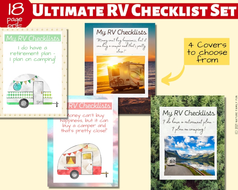 May include: A set of four printable RV checklists with different cover designs. Each cover features a watercolor illustration of an RV and a quote about RVing. The text on the covers reads "My RV Checklists" and includes quotes like "I do have a retirement plan - I plan on camping!" and "Money can't buy happiness, but it can buy a camper and that's pretty close!"