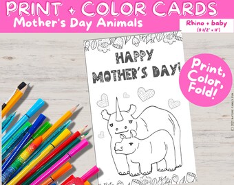 Cute Mother's Day Card from the Kids (Rhino & Baby) [Instant Download PDF Kids Mother's Day Coloring Activity]