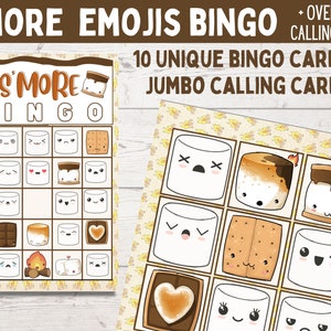 Conjunto para impressão S'more Camping BINGO de 10 cartas + cartões telefônicos Jumbo (jogo fofo S'more Emoji para festas de acampamento, semana de acampamento etc.)