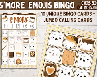 S'more Camping BINGO Printable Set of 10 Cards + Jumbo Calling Cards (Cute S'more Emoji Game for Camping Parties, Camp Week Etc)