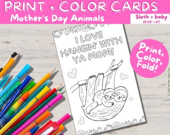 Cute Printable Mother's Day Card from the Kids with Sloth Mom + Baby [Instant Download PDF Kids Mother's Day Coloring Activity]