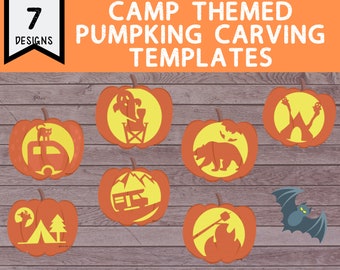 7 Halloween Themed Camping Pumpkin Carving Templates [Printable PDF] (spooky tent, spooky rv, campfire and smore carving template + more)