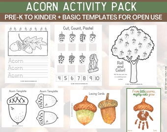Acorn Printable Activity Set [Acorn "Letter A" Handwriting, Acorn Templates, Acorn Handprint Craft, Cut + Paste and Counting]