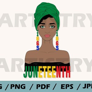 Puede incluir: Una ilustración digital de una mujer negra con un turbante verde y pendientes con los números 1865. La mujer lleva un top negro de hombros descubiertos y el texto "JUNETEENTH" está escrito en letras verdes, amarillas y rojas.