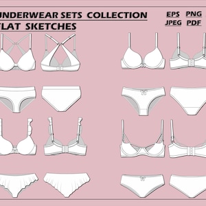 Women&#39;s underwear sets bundle vectors- bra vector-fashion flat sketch for adobe illustrator - technical drawing -women&#39;s underwear templates