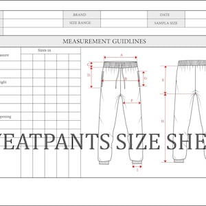 Könnte beinhalten: Eine Schwarzweiß-Zeichnung einer Jogginghose mit Maßangaben für Taille, Hüfte, Bundhöhe, Oberschenkel, Schrittlänge und Beinöffnung. Der Text "SWEATPANTS SIZE SHEET" befindet sich am unteren Rand des Bildes.