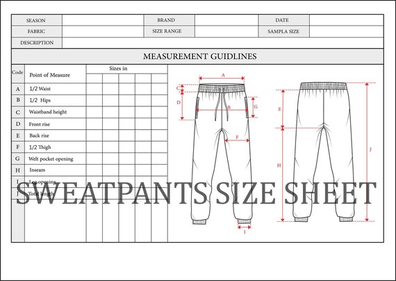 Sweatpants size sheet for tech pack- complete measurements guide for  joggers -tech pack template -technical drawing-fashion cad- flat sketch