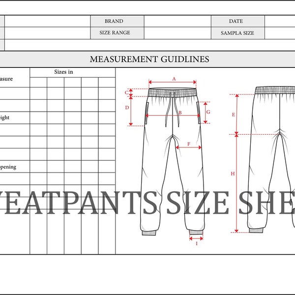 Sweatpants size sheet for tech pack- complete measurements guide for joggers -tech pack template -technical drawing-fashion cad- flat sketch