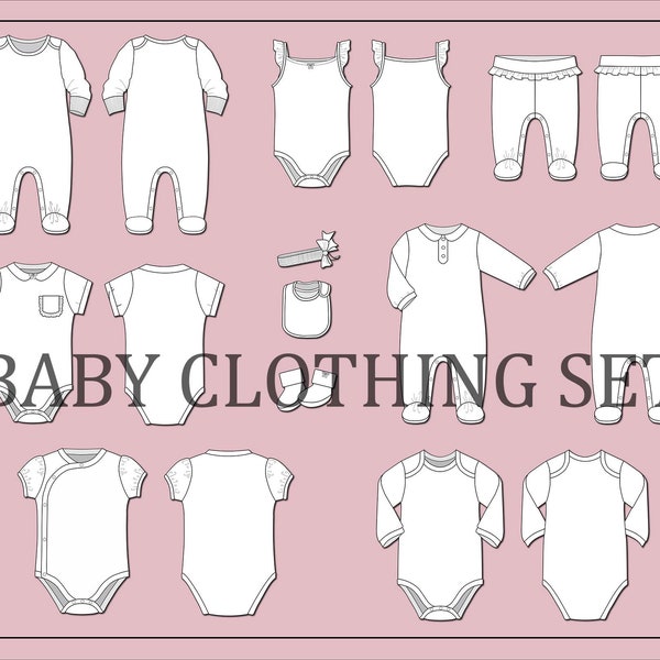 Baby clothes bundle vectors - set of toddler clothing -fashion flat sketch for adobe illustrator - technical drawing -baby clothes templates