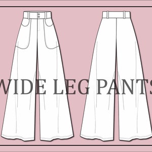 May include: A line drawing of wide leg pants with a high waist and pockets. The pants are white and have a simple design. The text "WIDE LEG PANTS" is written below the pants.