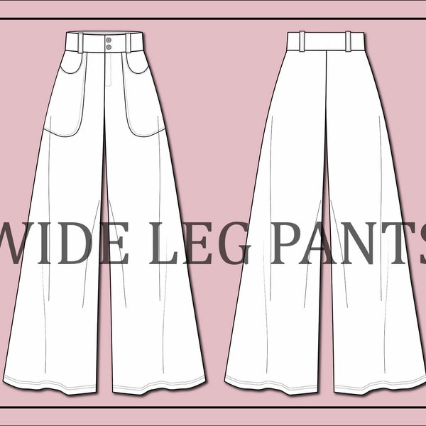 Wide leg pants vector-women's pants vector-fashion flat sketch for adobe illustrator - technical drawing-long skirt -wide leg pants template