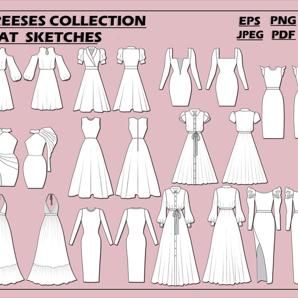 Dresses bundle vector -long dress vector-fashion flat sketch for adobe illustrator - technical drawing -dress template-dress flat sketch